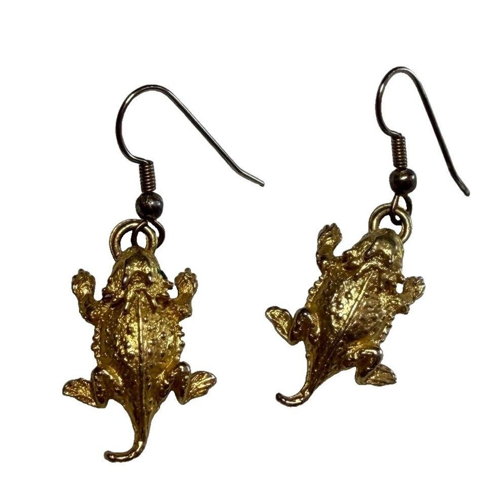 Vtg Gold Tone Bearded Dragon Earrings Signed Reptile Horned Lizard Toad Dangle